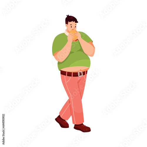Fat Man Character with Full Body and Obesity Eating Hamburger Vector Illustration
