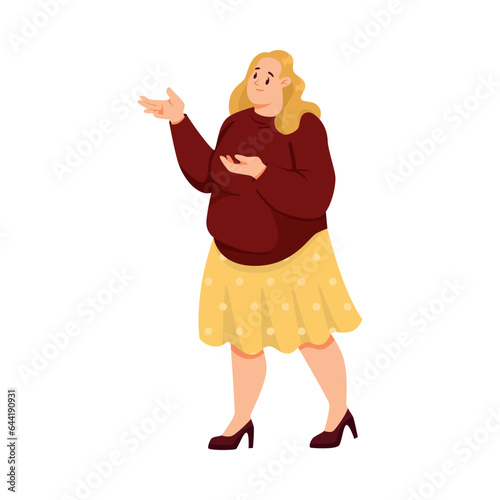 Fat Woman Character with Full Body and Obesity Standing and Smiling Vector Illustration