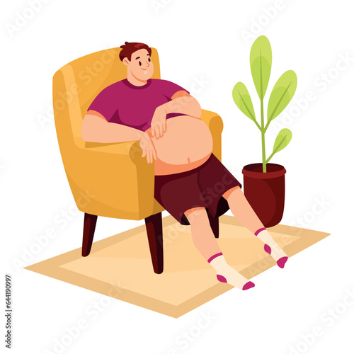 Fat Man Character with Full Body and Obesity Sitting on Armchair Vector Illustration