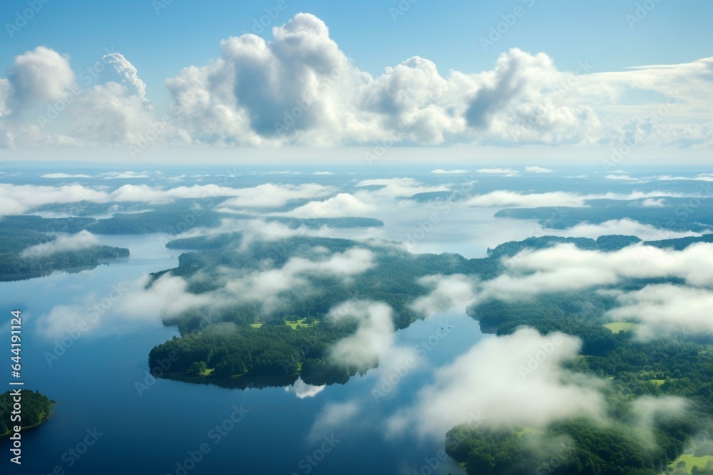 Aerial view of clouds and green islands on a beautiful summer day in Masuria, Poland's lake district. Generative AI