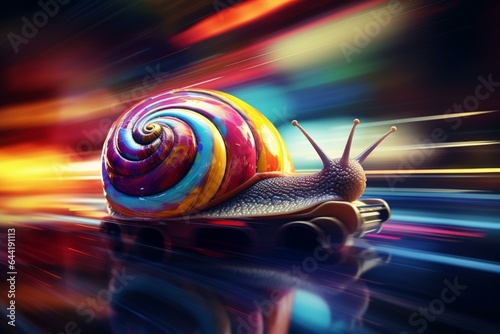Colorful abstract snail driving with speed streaks. Generative AI