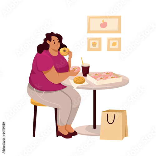 Fat Woman Character with Full Body and Obesity Eating Donuts Vector Illustration