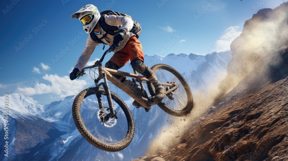 Naklejka premium Cyclist Riding the Bike Down the Rock at Sunrise in the Beautiful Mountains on the Background. Extreme Sport and Enduro Biking Concept.