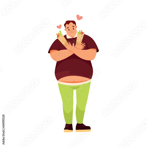 Fat Man Character with Full Body and Obesity Standing with Burrito Vector Illustration