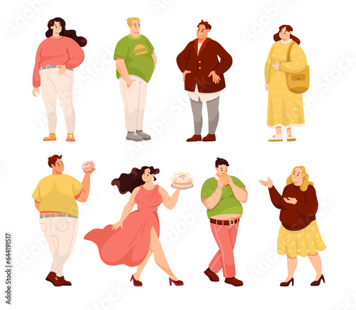 Fat People Characters with Full Body and Obesity Vector Set