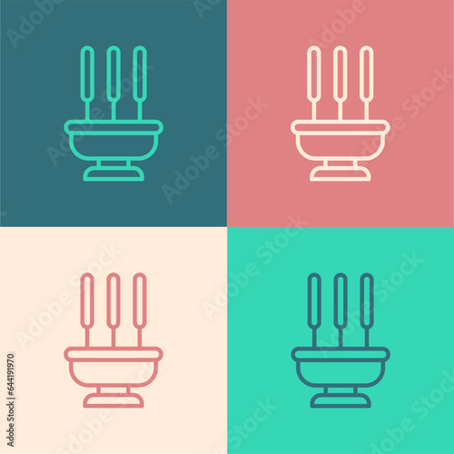 Pop art line Burning aromatic incense sticks icon isolated on color background. Vector
