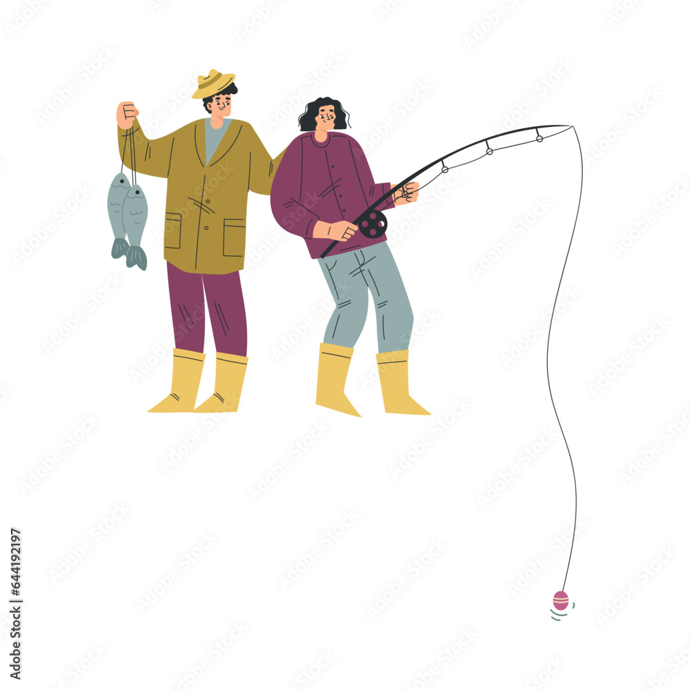 Obraz premium Man and Woman Fishing with Rod on Lake Vector Illustration
