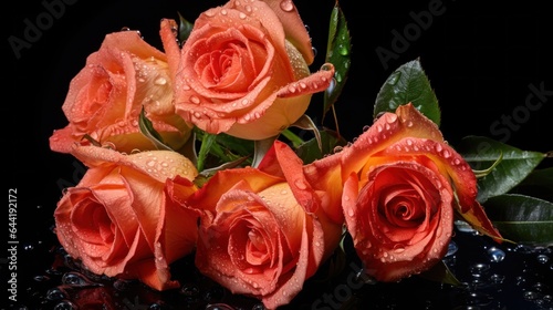 Bouquet of orange roses with water drops on a black background. Mother s day concept with a space for a text. Valentine day concept with a copy space.