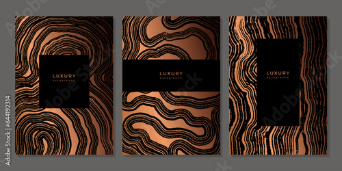 Set of templates. Luxury golden background with wood annual rings texture. Banner with tree ring pattern. Stamp of tree trunk in section. Wooden concentric circles. Black and bronze marble background 