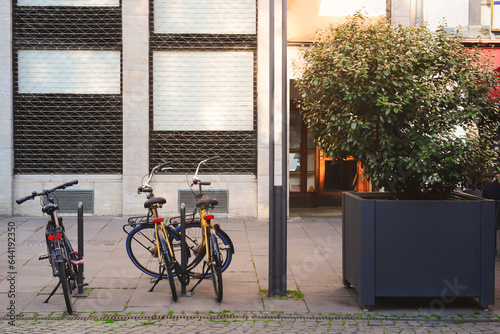 Modern bicycles parked on c...