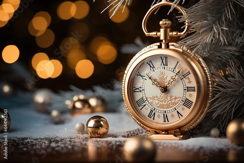 A clock near the Christmas tree shows the approach of the New Yearм