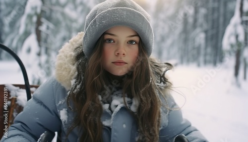 Serene girl enjoying a sleigh ride in the snowy woods, winter sledding, peaceful snowy outing