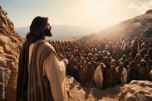 Jesus Christ's Sermon on the Mount. Jesus is on a mountain preaching to a large crowd of people.  AI generation
