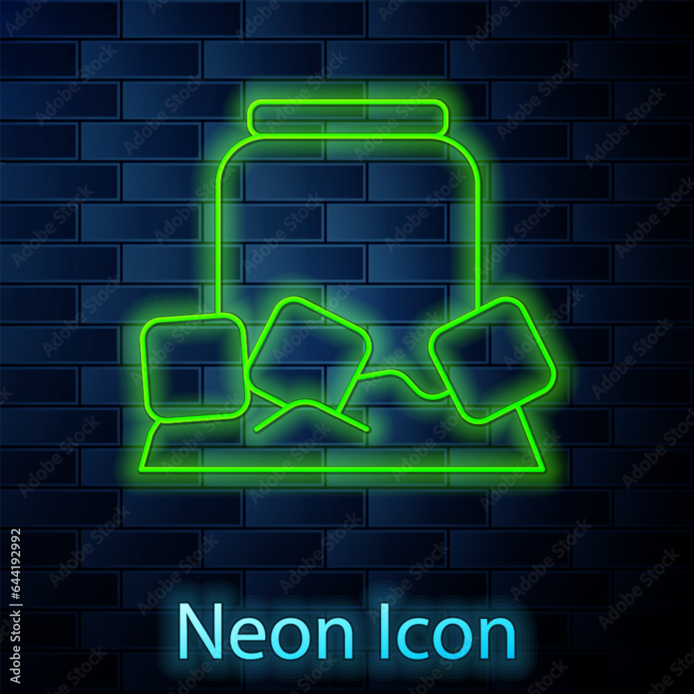 Glowing neon line Cold beer can icon isolated on brick wall background. Vector Glowing neon line Cold beer can icon isolated on brick wall background. Vector