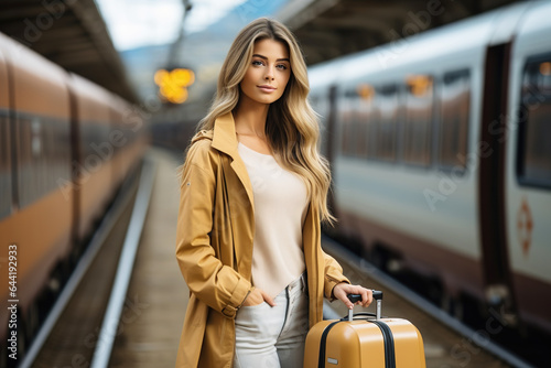 A young attractive woman or girl at the train station with luggage waiting for the train to arrive