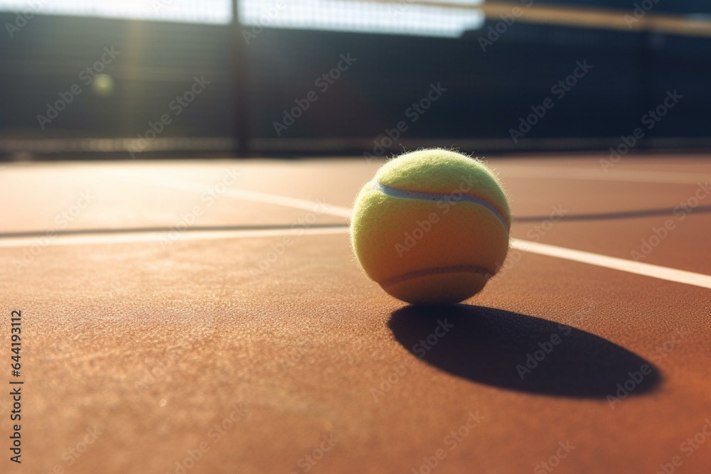 A 3D rendered tennis ball near a court. Generative AI