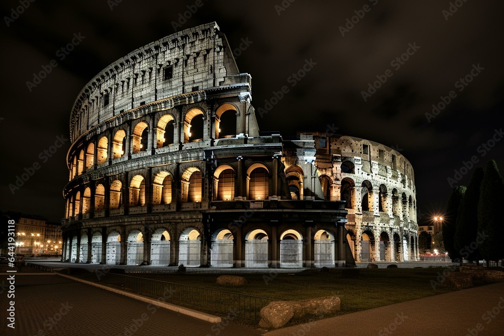 The iconic Colosseum in Rome illuminated during the twilight hours. Generative AI