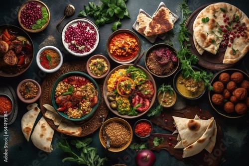 Various Middle Eastern dishes on a rustic background including hummus, tabbouleh, pita, kebab, falafel, baklava, and pomegranate. Halal food. Top view, flat lay. Generative AI