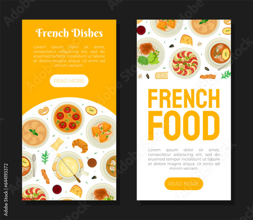 French Cuisine Banner Design with Tasty Dish Top View Vector Template