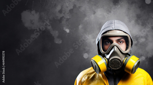 Man in gas mask on grey background. Concept of danger and pollution