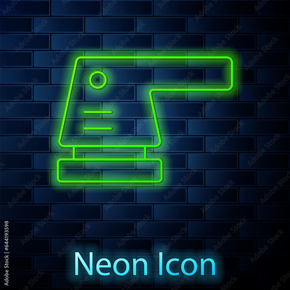 Glowing neon line Electric sander icon isolated on brick wall background. Orbital sander. For floor and wooden planks sanding sandpaper. Vector Glowing neon line Electric sander icon isolated on brick wall background. Orbital sander. For floor and wooden planks sanding sandpaper. Vector