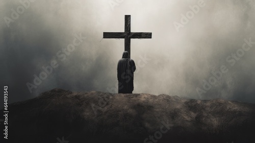 A crucifix on a hill with dramatic cloudy sky