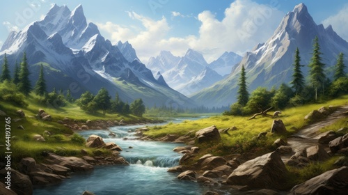 mountains and river atmospheric daytime landscape realistic.