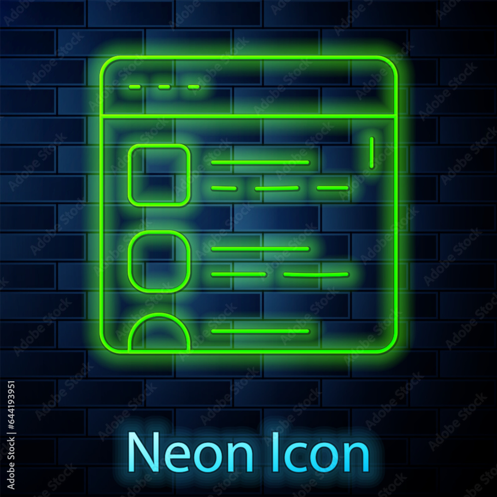 Glowing neon line Browser files icon isolated on brick wall background. Vector
