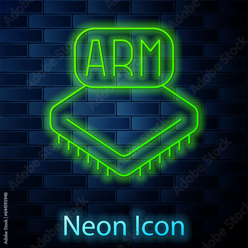 Glowing neon line Processor icon isolated on brick wall background. CPU, central processing unit, microchip, microcircuit, computer processor, chip. Vector