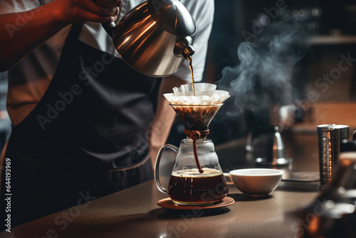 Professional barista preparing coffee using chemex pour over coffee maker and drip kettle in dark background. Young man making coffee. Alternative ways of brewing coffee. Coffee shop concept