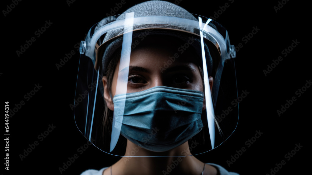 Female Doctor, Nurse, or Surgeon with Face Mask and Face Shield during COVID-19 Pandemic Generative AI Female Doctor, Nurse, or Surgeon with Face Mask and Face Shield during COVID-19 Pandemic Generative AI