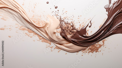 Chocolate and vanilla splashing into each other on a gray background. © Saulo Collado