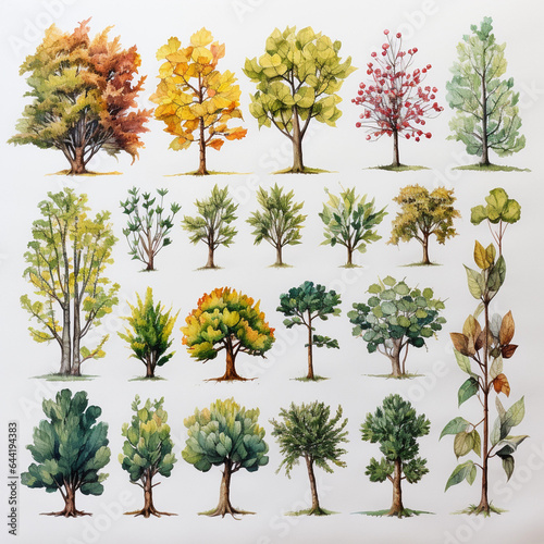 Knolling watercolor set of trees 8k © Nour