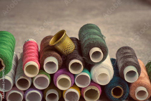 Thimble and set multicolored threads for cutting and sewing. photo
