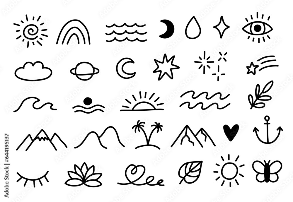 Naklejka premium Collection of line drawings with sun, sea, wave, palms and spiritual symbols.