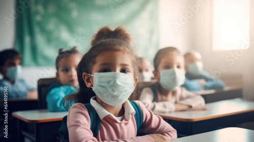 Little Children in Classroom with Face Masks During COVID-19 Pandemic - Generative ai