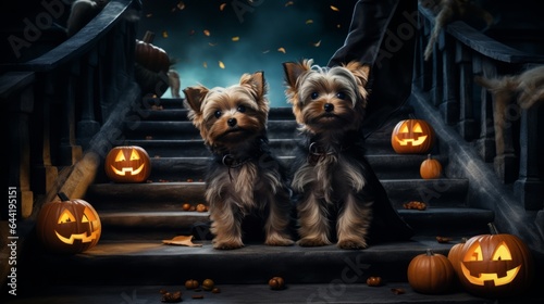 Cute Yorkshire Terrier dressed up with Halloween costumes on the stairs looking at the camera, Halloween, trick or treats, Jack-o'-lantern, glowing pumpkins