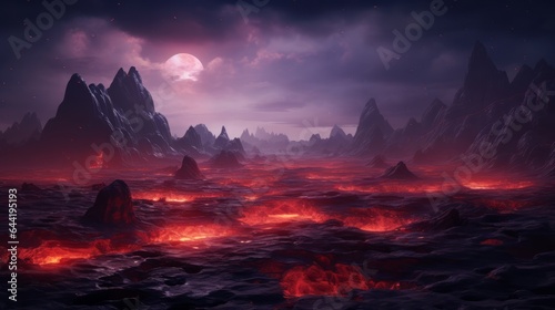 An otherworldly landscape with a glowing moon and fiery lava flows © cac_tus