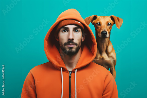 Man in orange hoodie and his dog having similar face expression, looking into camera. Friendship between man and animal.