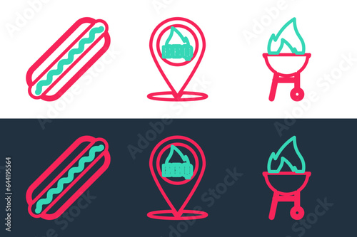 Set line Barbecue grill, Hotdog sandwich and Location with barbecue icon. Vector