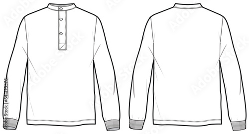 Men's long sleeve Hanley neck T Shirt flat sketch fashion illustration drawing template mock up with front and back view photo