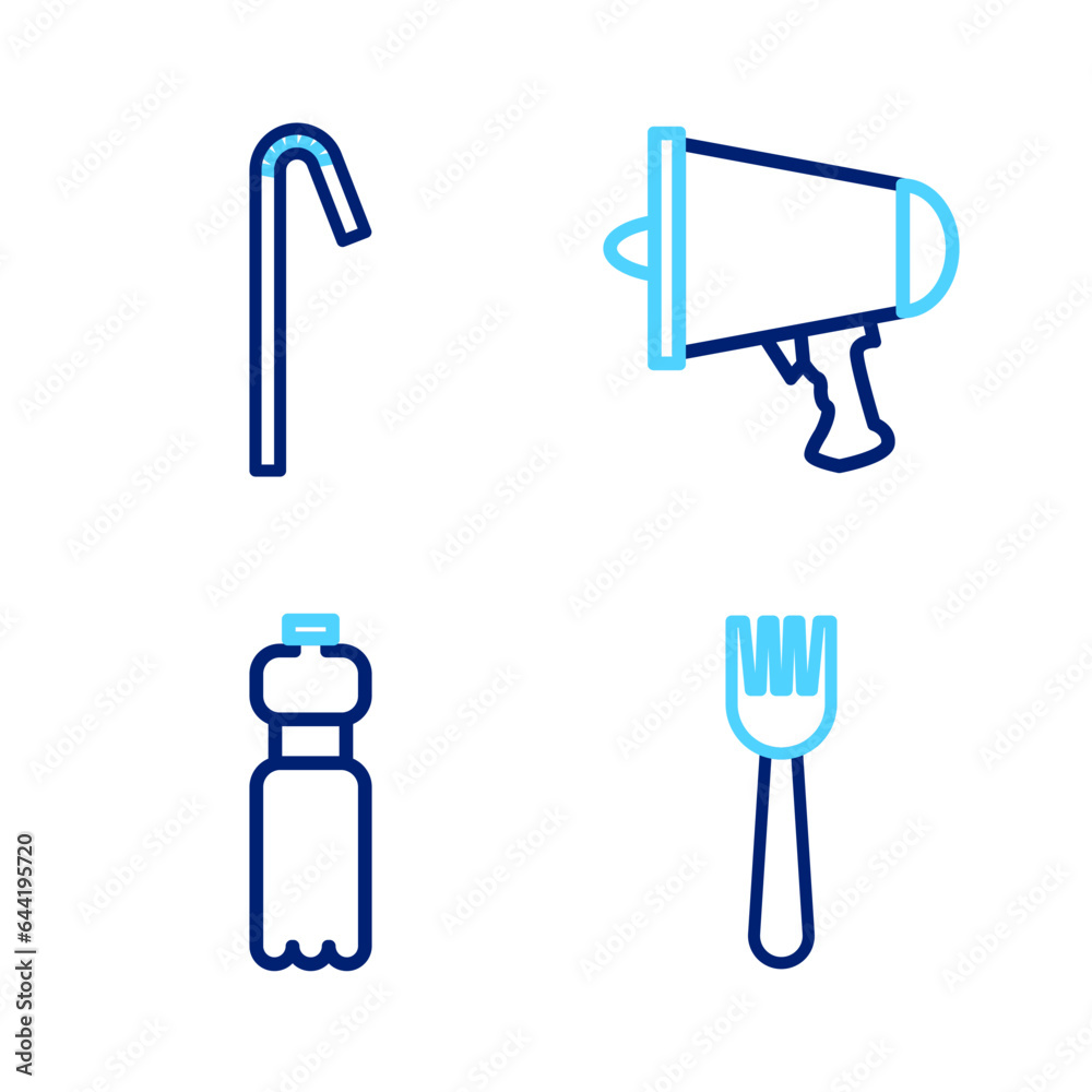 Set line Disposable plastic fork, Bottle of water, Spread the word, megaphone and Drinking straw icon. Vector Set line Disposable plastic fork, Bottle of water, Spread the word, megaphone and Drinking straw icon. Vector