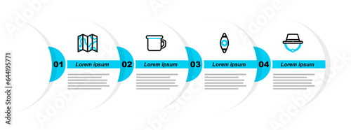 Set line Camping hat, Kayak or canoe, metal mug and Location of the forest on map icon. Vector