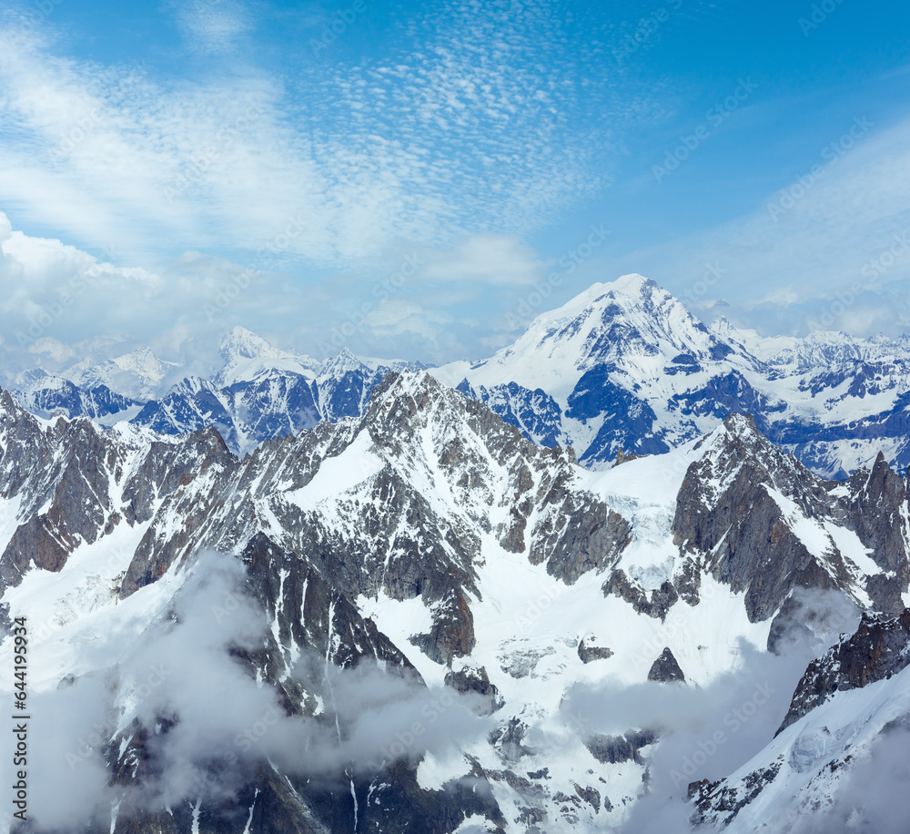 Mont Blanc mountain massif summer landscape (view from Aiguille du Midi Mount, France )