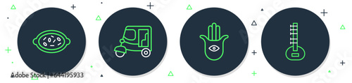 Set line Taxi tuk tuk, Hamsa hand, Kheer in bowl and Sitar icon. Vector