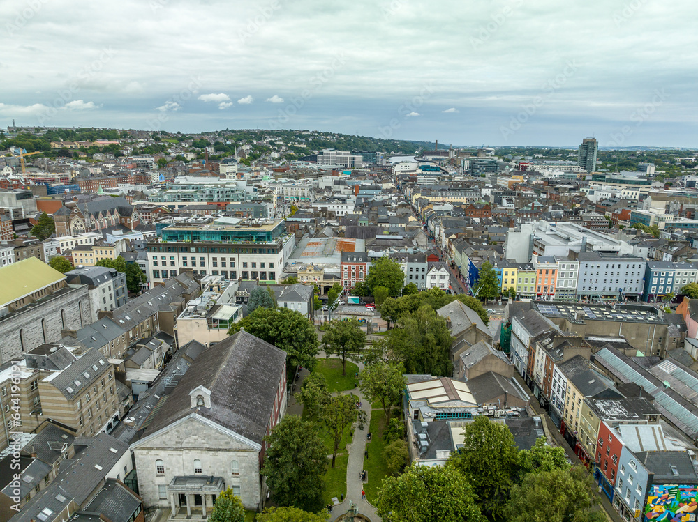 Aerial panorama of Cork in Southern Ireland with  Bishop Lucey park and English market