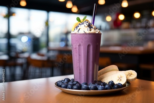 Delicious purple acai shake with blueberries, bananas, and a beautiful straw presented on a desk. Generative AI