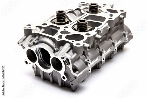Isolated white background with a gasket on car engine cylinder head. Generative AI