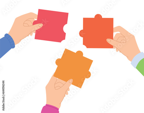 Three hands moving in puzzles. Teamwork business concept