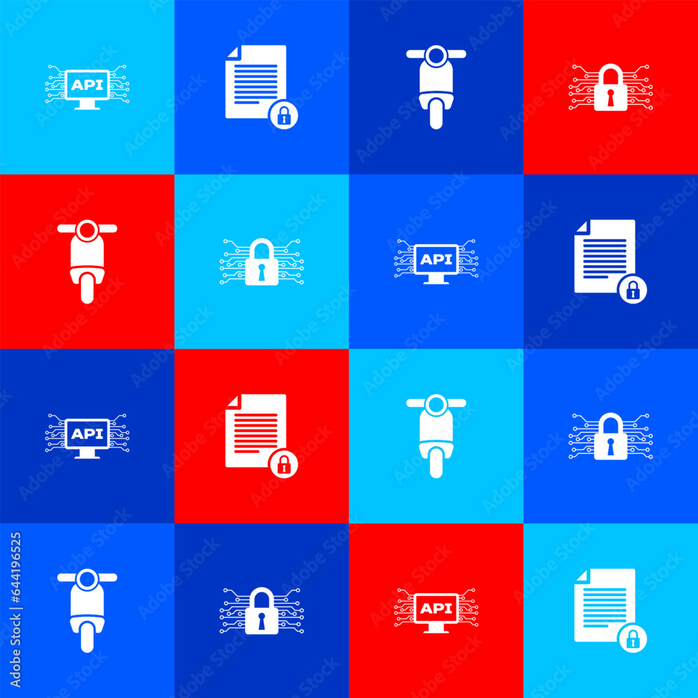 Set Computer api interface, Document and lock, Scooter and Cyber security icon. Vector